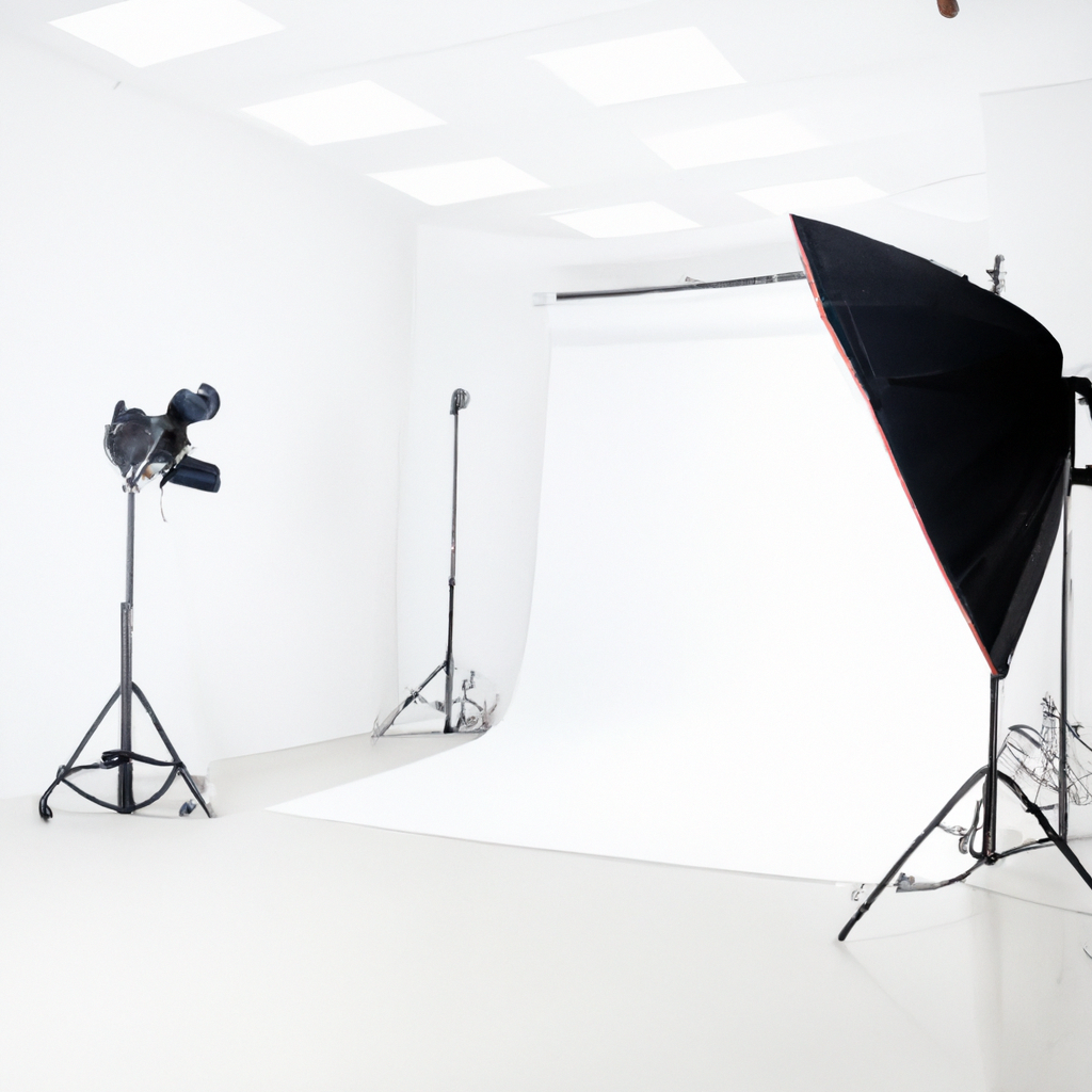 햇살이 비치는 화이트 사이클로라마와 소프트박스, 나무 마루 바닥의 미니멀 포토스튜디오 내부, 서울